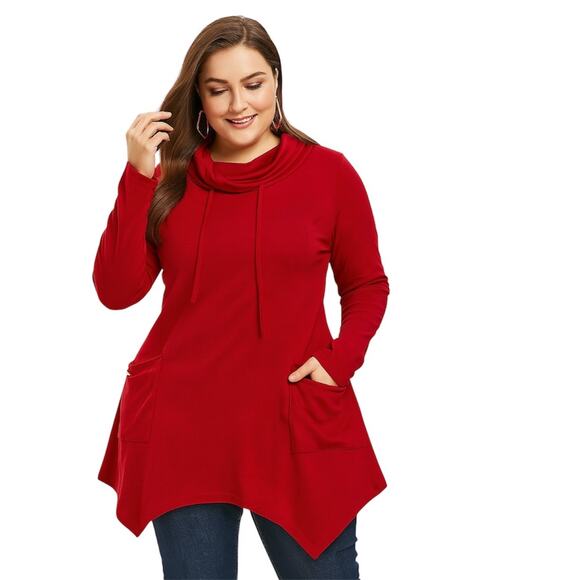 Bulotus LS Red Tunic Top, Cowl Neck, Beach, Weekend Minimalist Coastal Lounge 3X - Picture 1 of 12